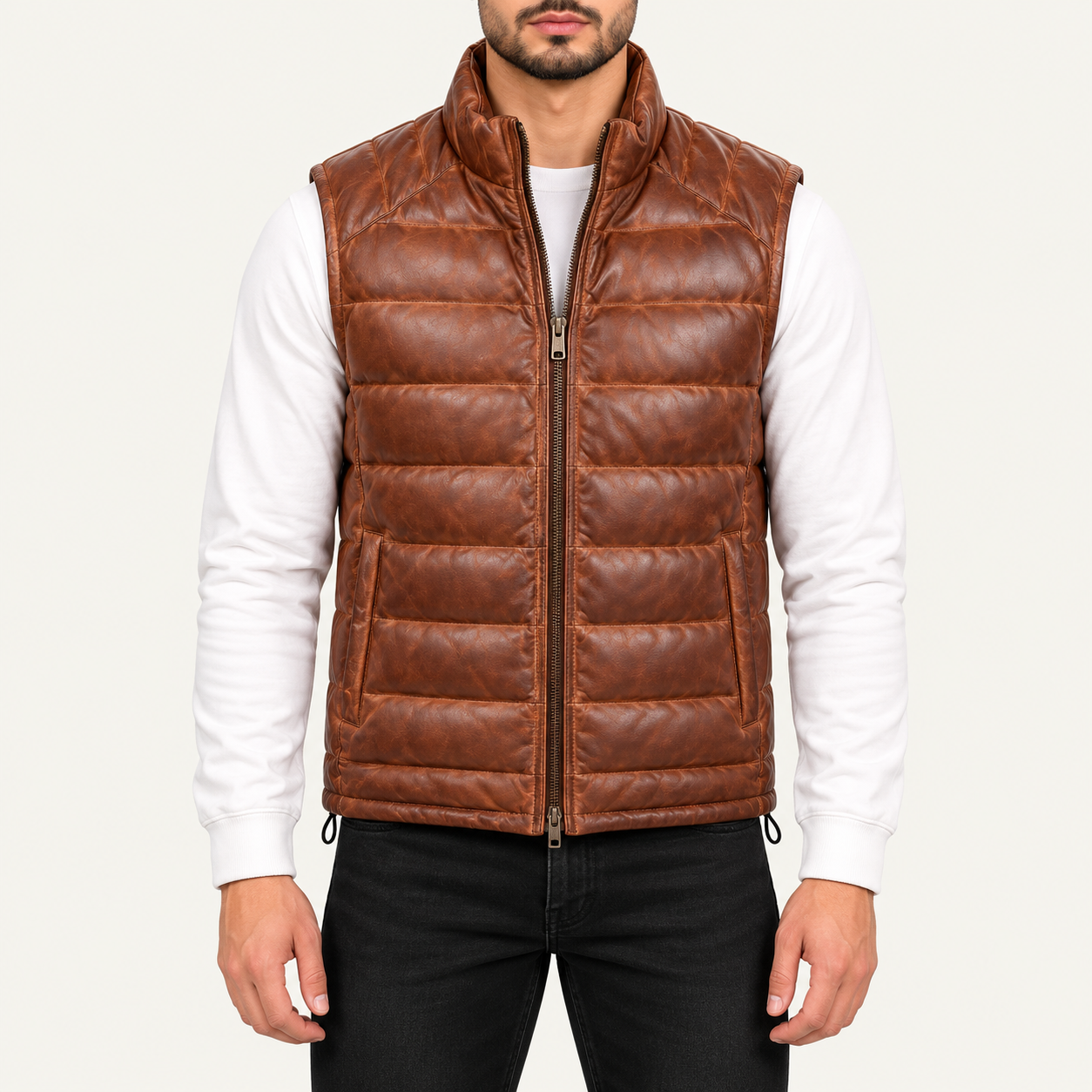 Men's Vintage Cognac Brown Quilted Leather Puffer Vest – Sleeveless Zip-Up Gilet Gallery